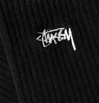 Stüssy - Logo-Embroidered Ribbed Cotton-Blend Socks - Black