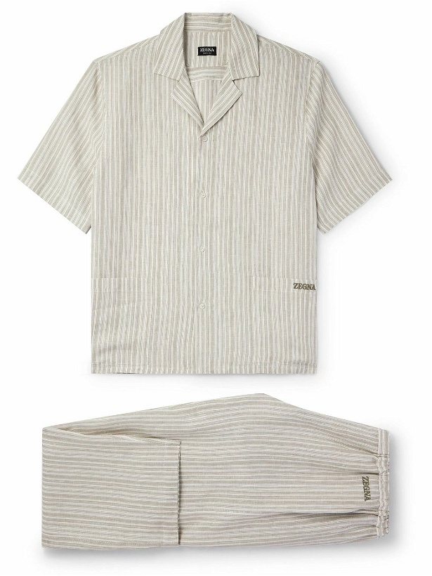 Photo: Zegna - Logo-Embroidered Striped Linen Pyjama Set - Neutrals