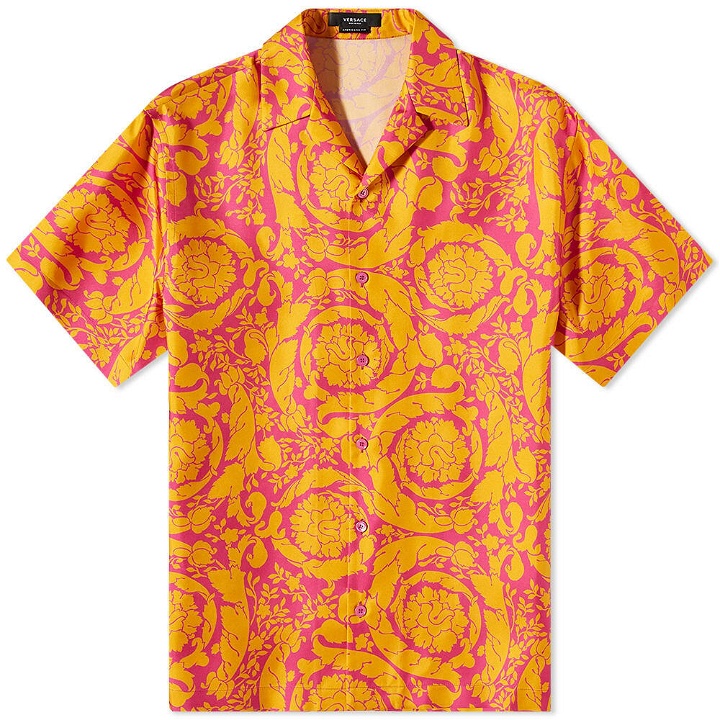 Photo: Versace Men's Baroque Abstract Print Vacation Shirt in Yellow/Orange