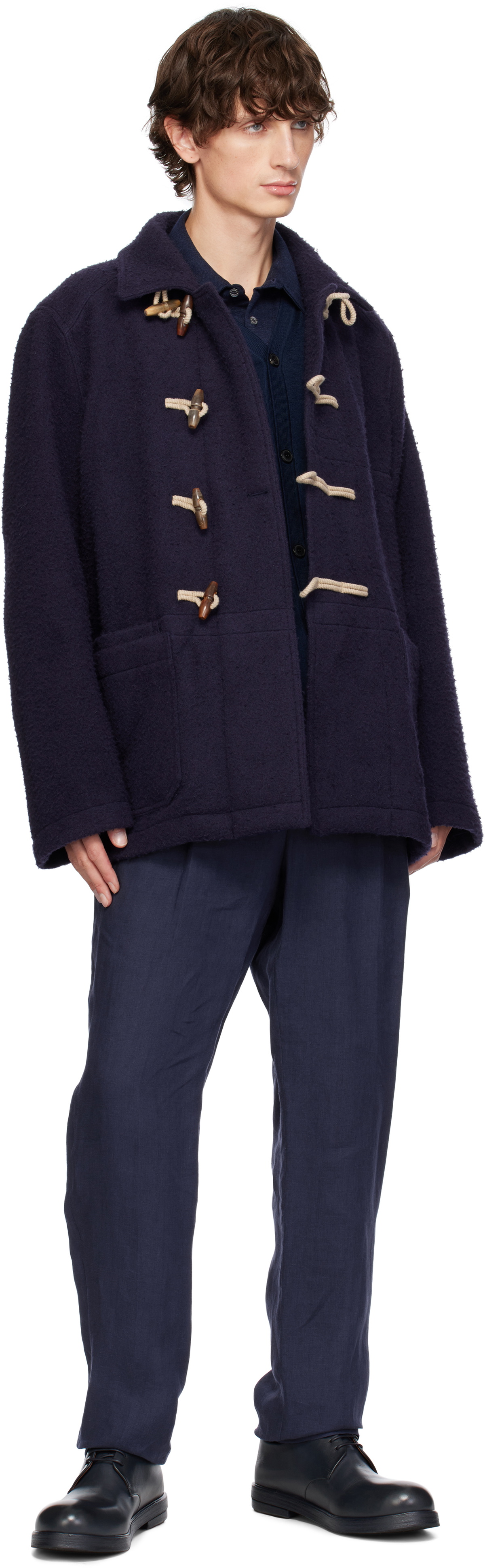 Drake's Navy Casentino Wool Short Duffle Jacket Drake's