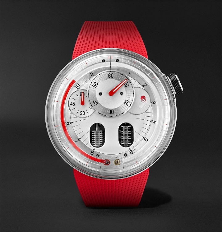 Photo: HYT - H0 X Eau Rouge Hand-Wound 48.8mm Stainless Steel and Rubber Watch, Ref. No. 048-AC-84-RF-RU - Silver