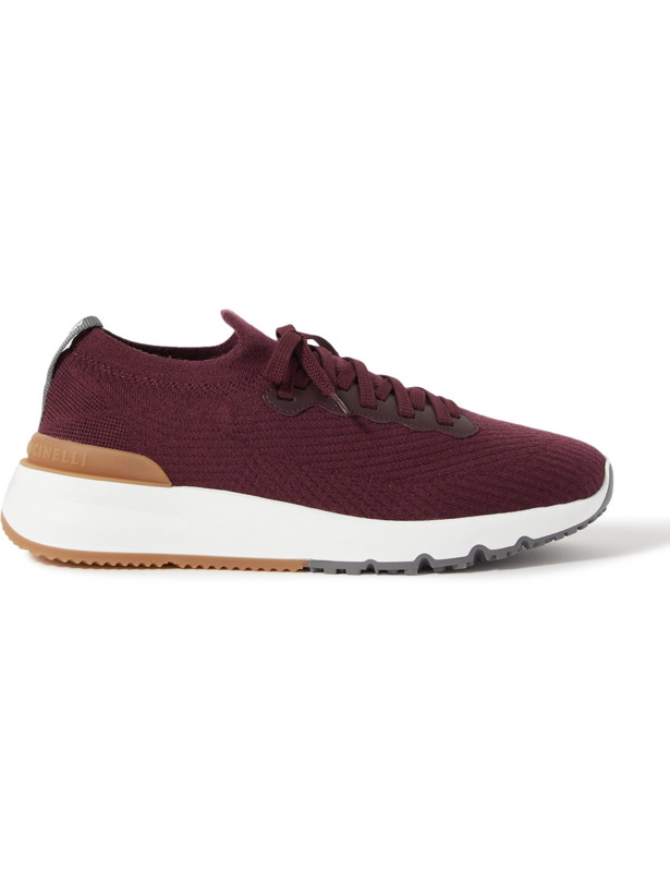 Photo: BRUNELLO CUCINELLI - Leather-Trimmed Stretch-Knit Sneakers - Burgundy