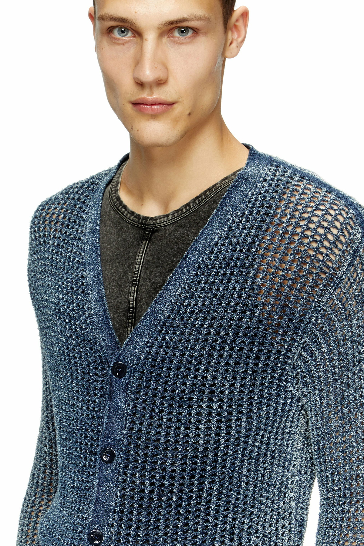 Diesel Mesh-knit cardigan in denim yarn - Knitwear Mens in Blue Diesel