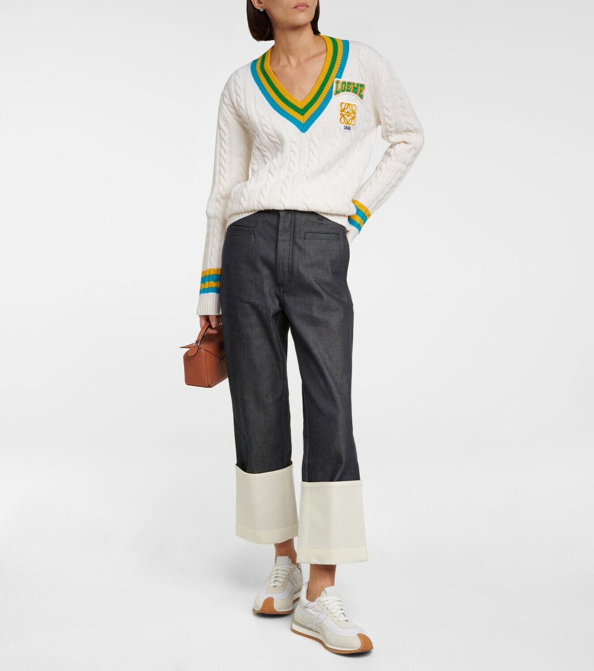 Loewe 2025 Round Neck Embroidered Large Logo Sweater White Gray Wool 321548