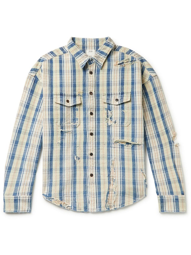 Photo: Visvim - Pioneer Distressed Checked Cotton and Linen-Blend Twill Shirt - Blue