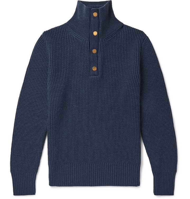 Photo: Dunhill - Leather-Trimmed Ribbed Merino Wool Sweater - Men - Blue