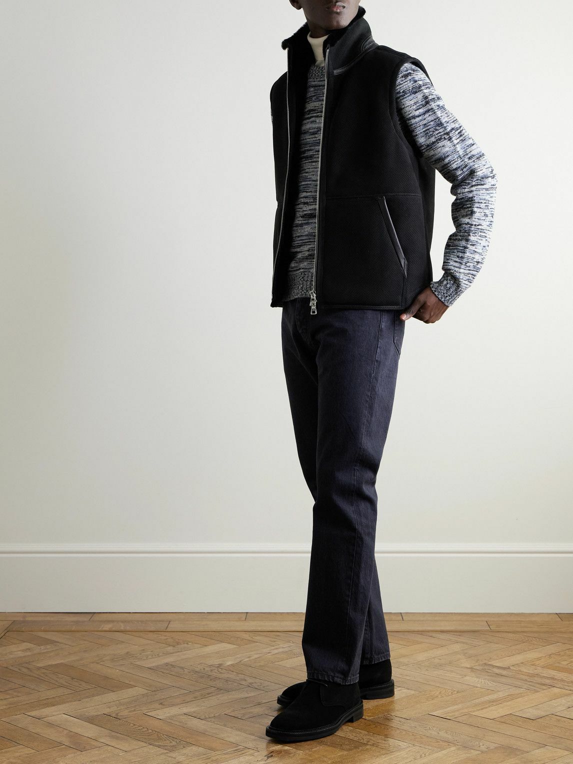 Mr P. - Full-Grain Leather-Trimmed Perforated Shearling Gilet