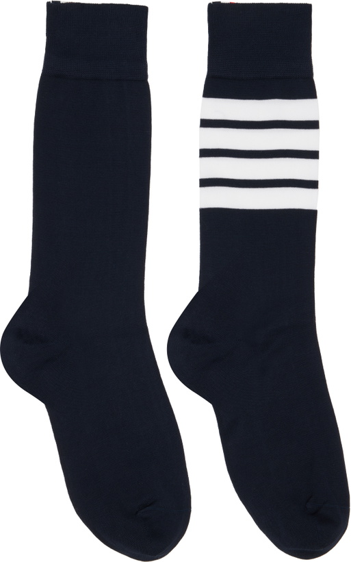 Photo: Thom Browne Navy Cotton 4-Bar Mid Calf Socks