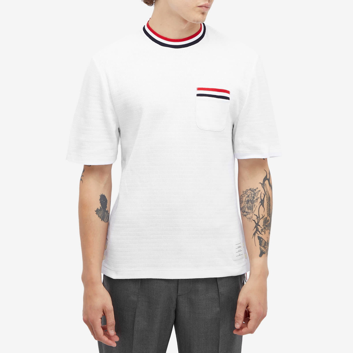 Thom Browne Men's Stripe Tipped Textured T-Shirt in White