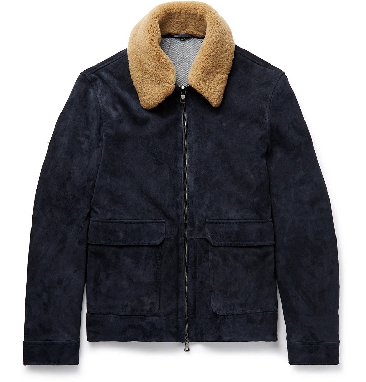 Photo: Peter Millar - Shearling-Trimmed Suede Bomber Jacket - Blue