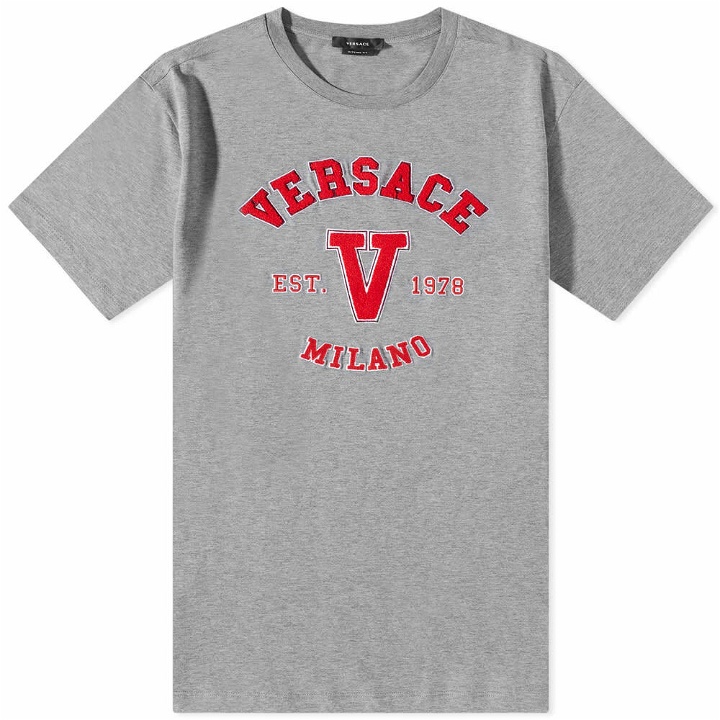 Photo: Versace Men's Varsity Logo T-Shirt in Grey/Red