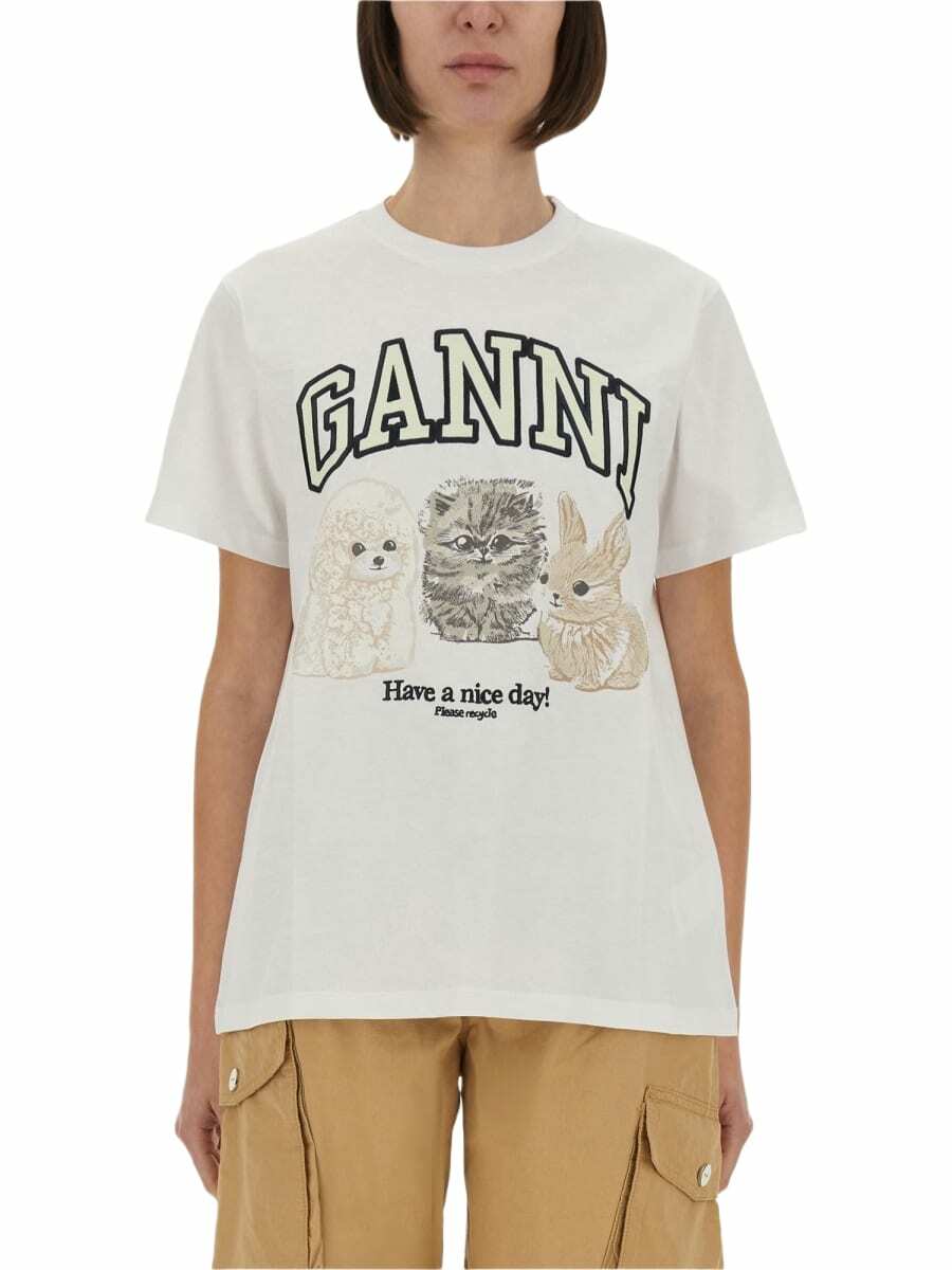 Ganni Logo Crystal-embellished Cotton T-shirt Dark Grey GANNI