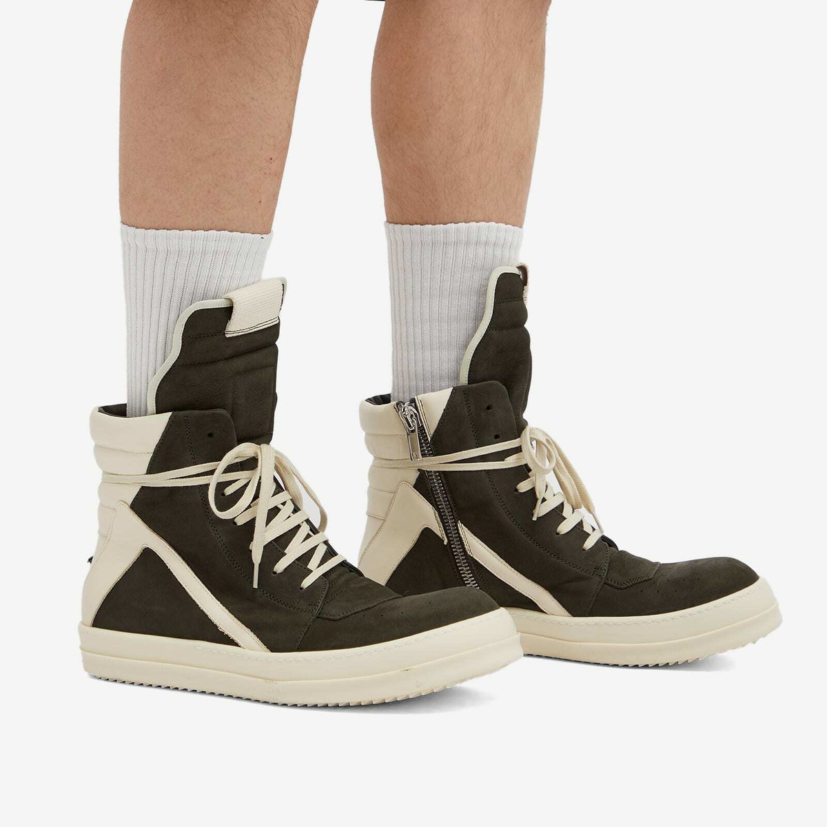 Rick Owens Men's Nubuck Geobasket Sneakers in Forest/Milk