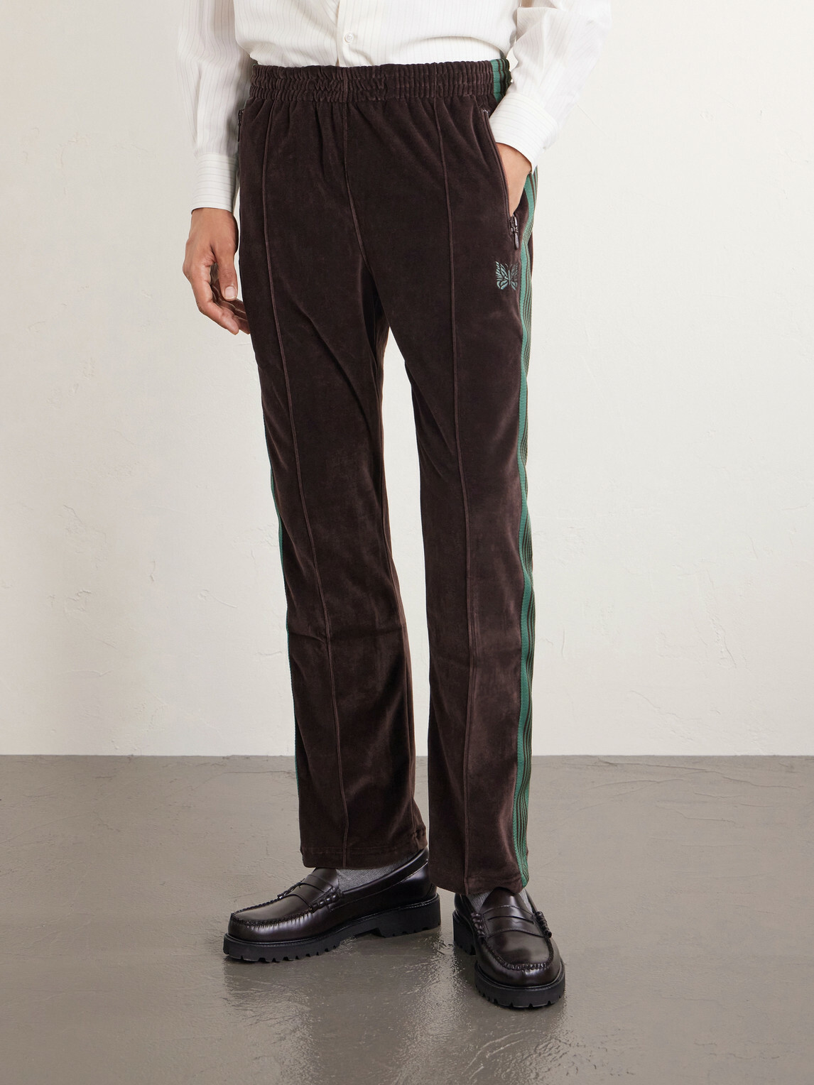 Needles - Bootcut Logo-Embroidered Striped Velour Track Pants - Brown