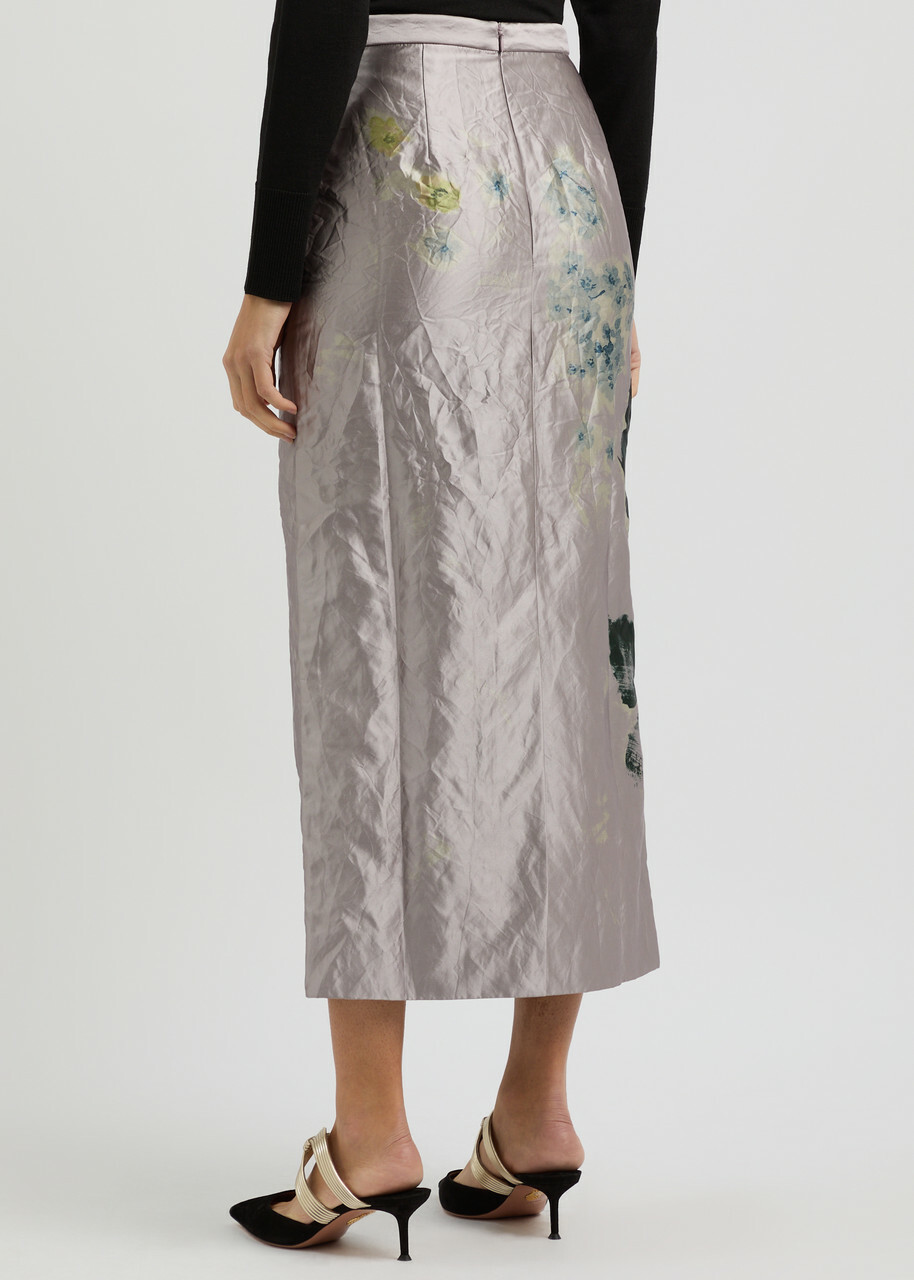 Erdem Floral-print Crinkled Satin Midi Skirt Purple Erdem
