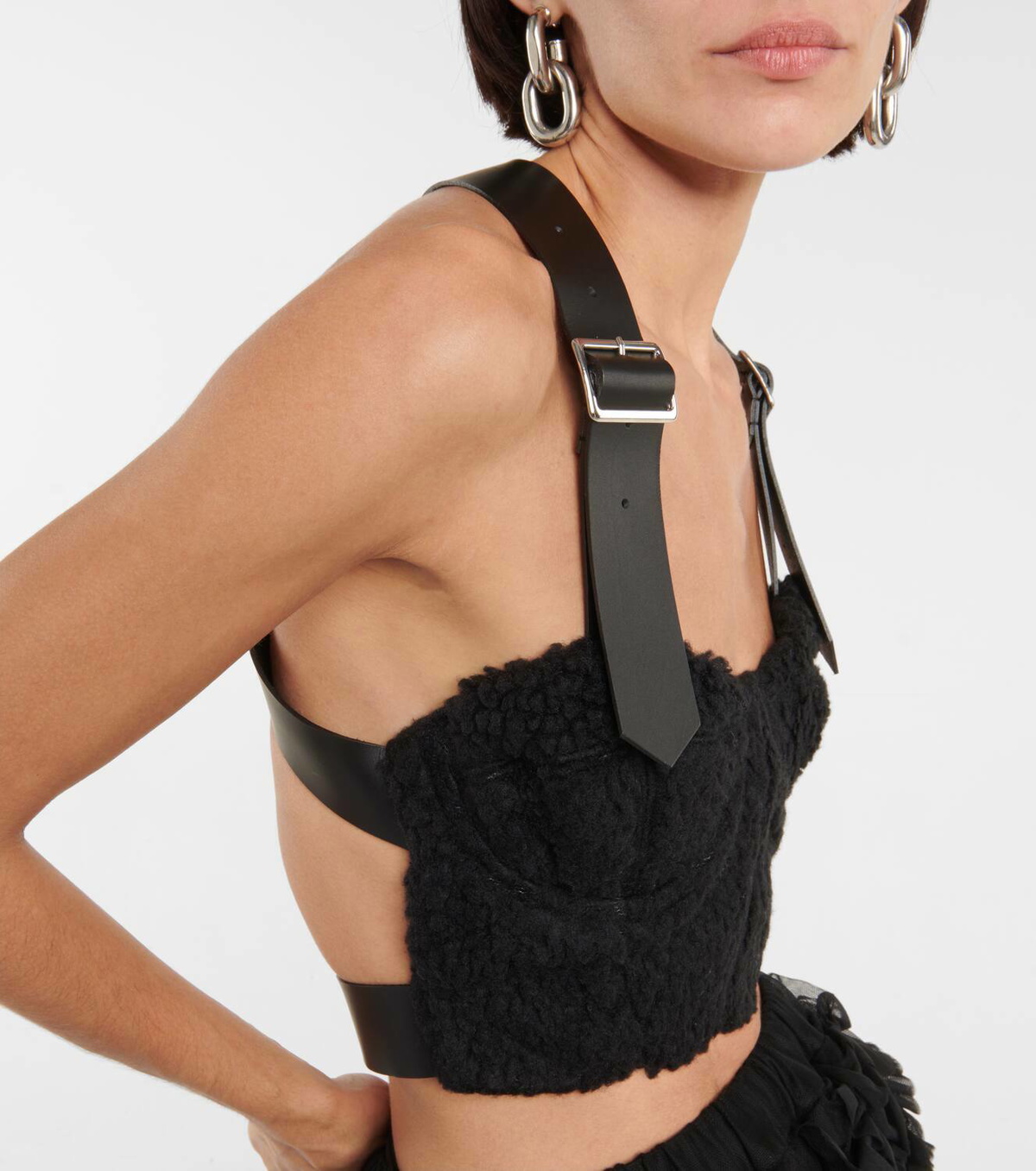Noir Kei Ninomiya Leather-trimmed teddy fleece bustier