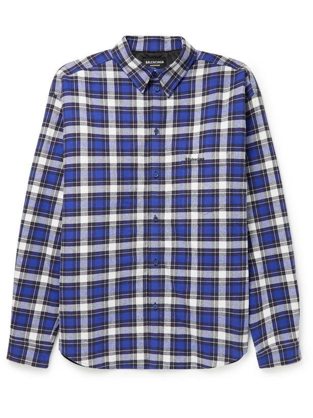 Photo: Balenciaga - Padded Logo-Embroidered Checked Cotton-Flannel Overshirt - Blue