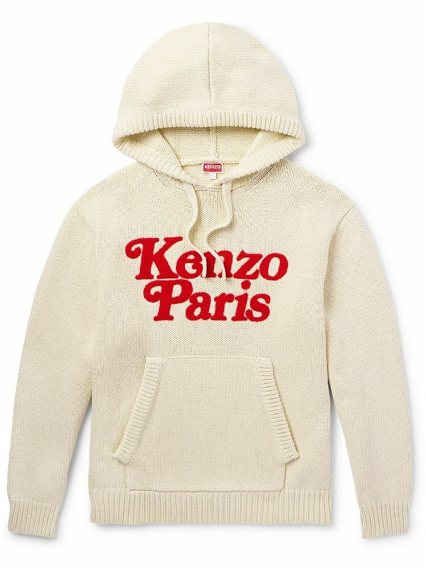 Photo: KENZO - Logo-Appliquéd Cotton Hoodie - Neutrals