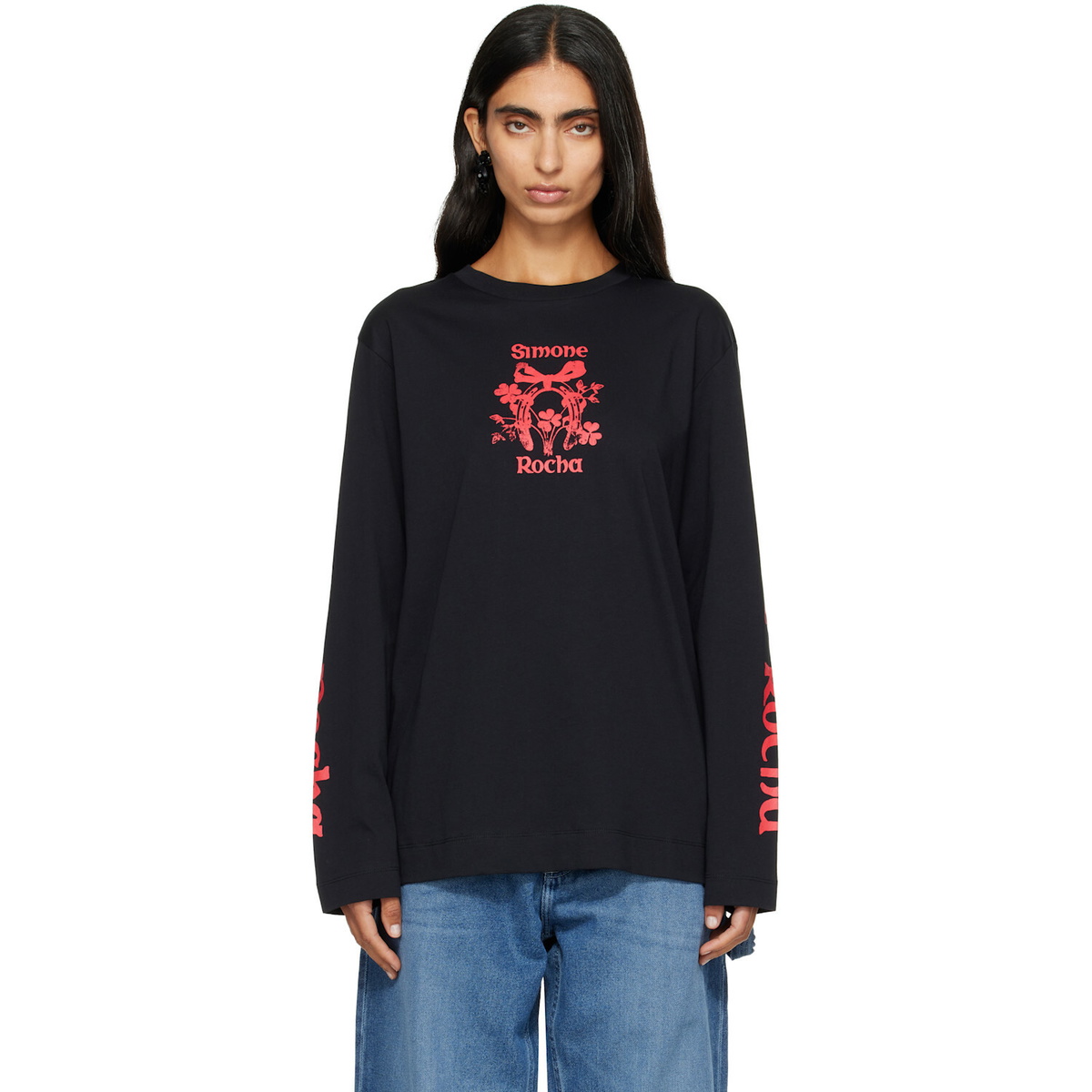 Simone Rocha Black 'Coming Up Roses' Print Long Sleeve T-shirt