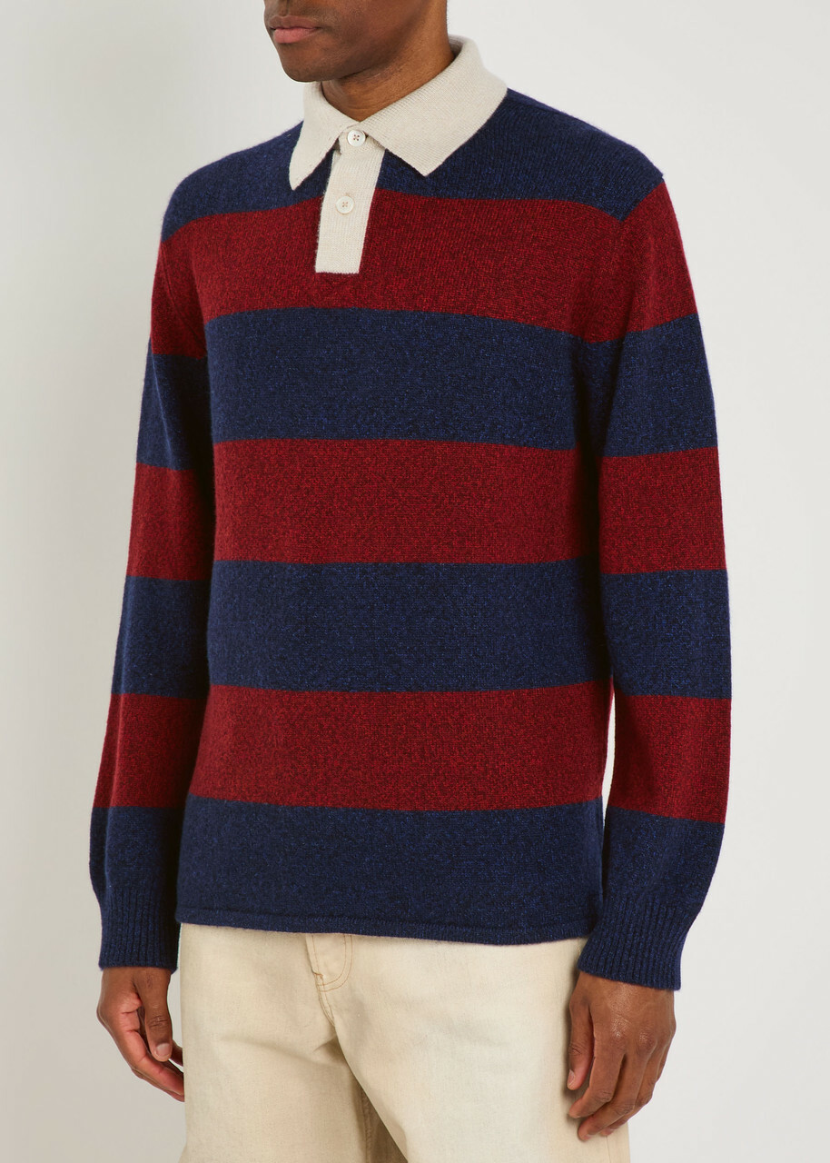 Begg & CO Hooped Striped Cashmere Polo Jumper Navy