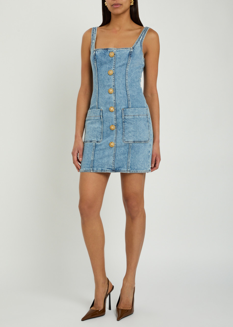Balmain Button-embellished Stretch-denim Mini Dress Light Blue