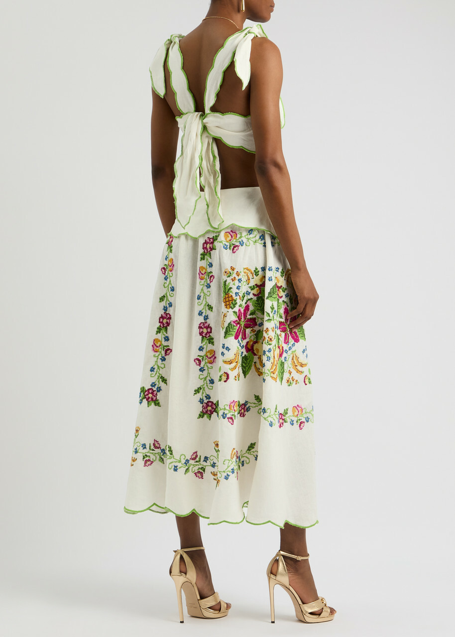 Farm Rio Tropical Romance Floral-embroidered Linen-blend