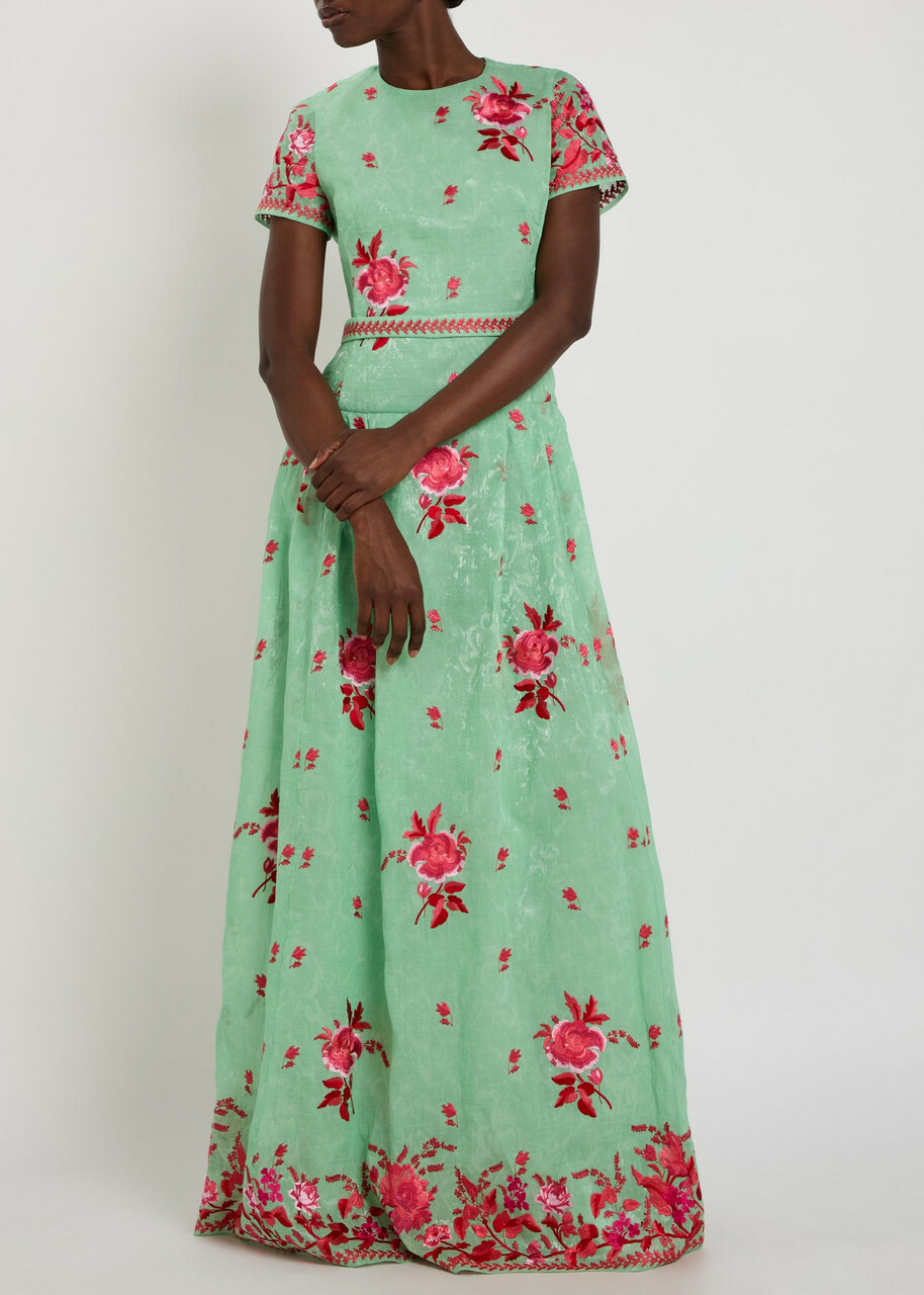 Erdem Floral Belted Cotton and Silk-blend Midi Dress Mint
