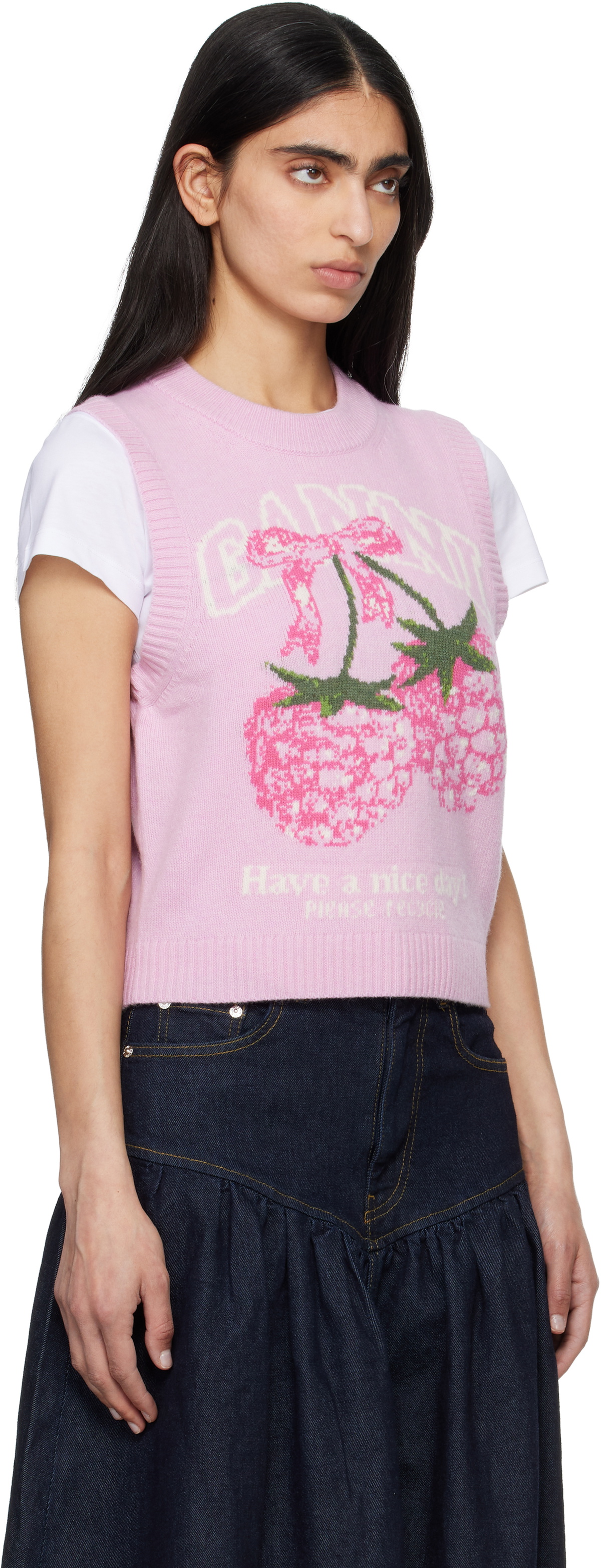 GANNI Pink Graphic Wool Sweater Vest