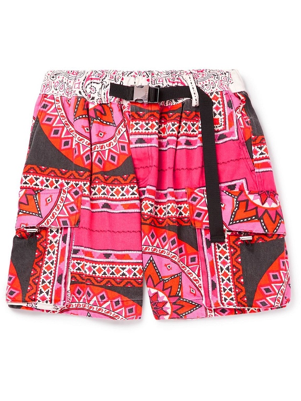 Photo: Sacai - Wide-Leg Belted Bandana-Print Denim Cargo Shorts - Pink