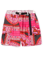 Sacai - Wide-Leg Belted Bandana-Print Denim Cargo Shorts - Pink