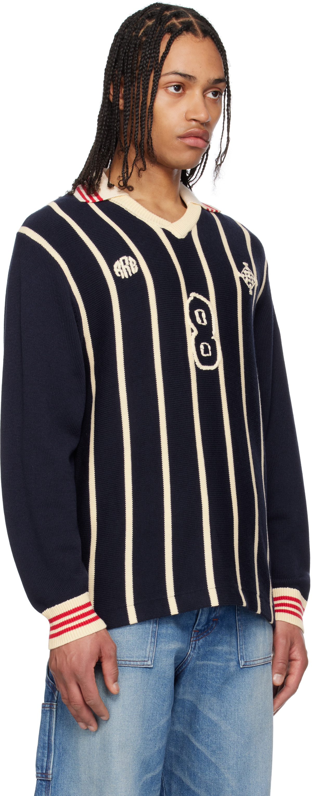 RICE NINE TEN Navy Knitting Long Sleeve Soccer Jersey Polo