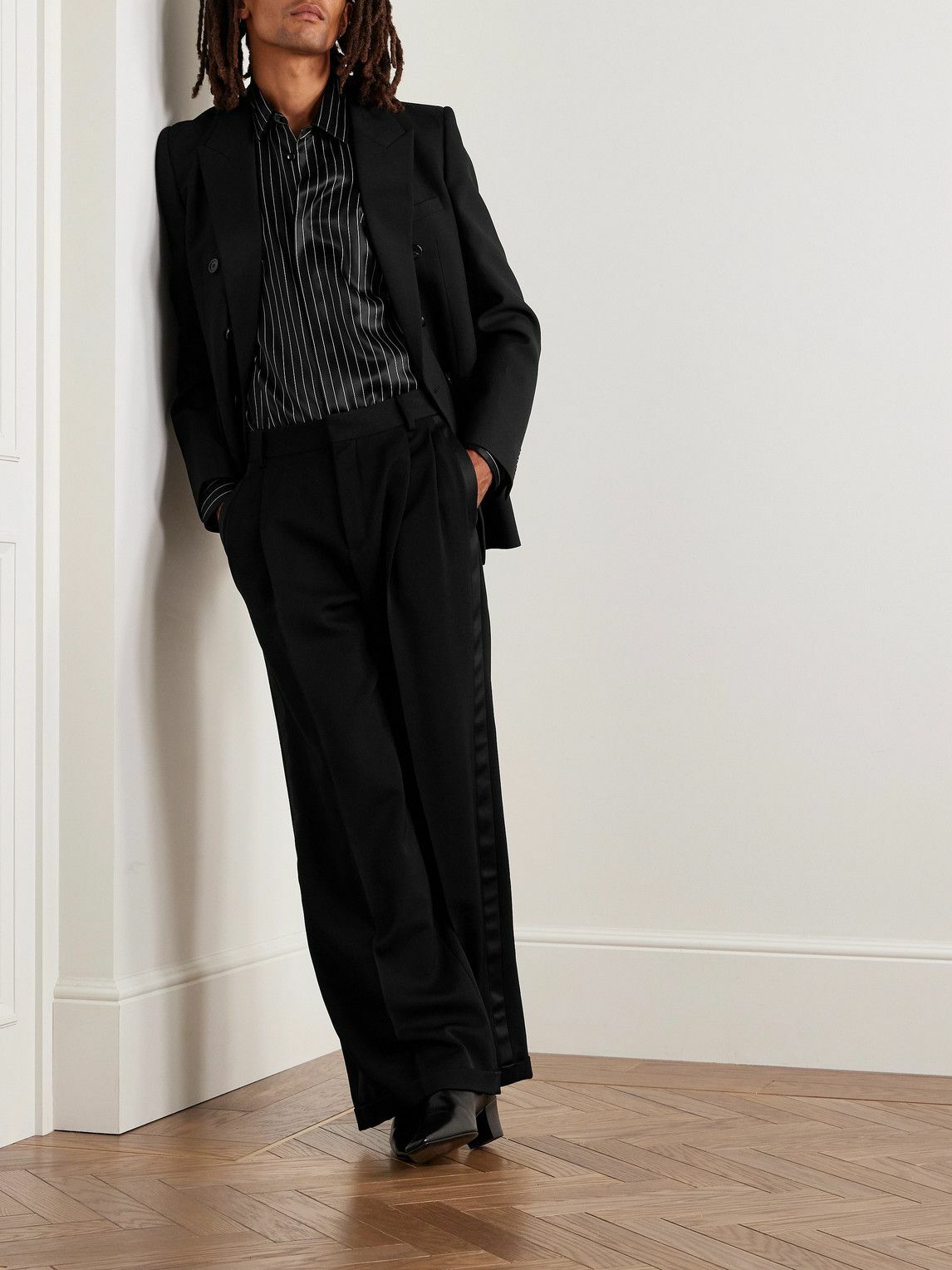 SAINT LAURENT - Wide-Leg Satin-Trimmed Pleated Grain de Poudre