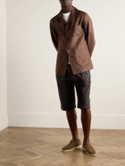 De Petrillo - Slim-Fit Pleated Cotton-Blend Seersucker Shorts - Brown