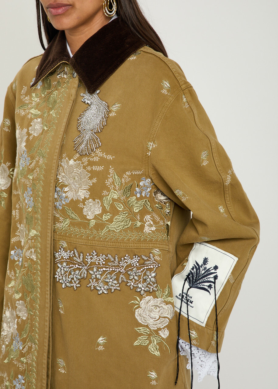 Erdem Embroidered and Embellished Denim Overcoat Camel