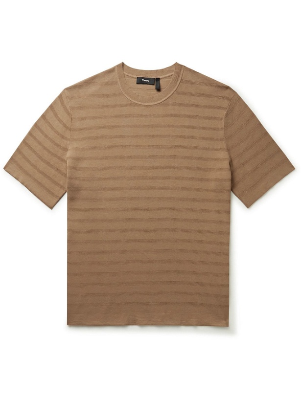 Photo: THEORY - Elden Textured Striped Cotton-Blend T-Shirt - Brown