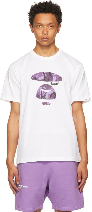 Photo: AAPE by A Bathing Ape White & Purple Camo Print Logo T-Shirt