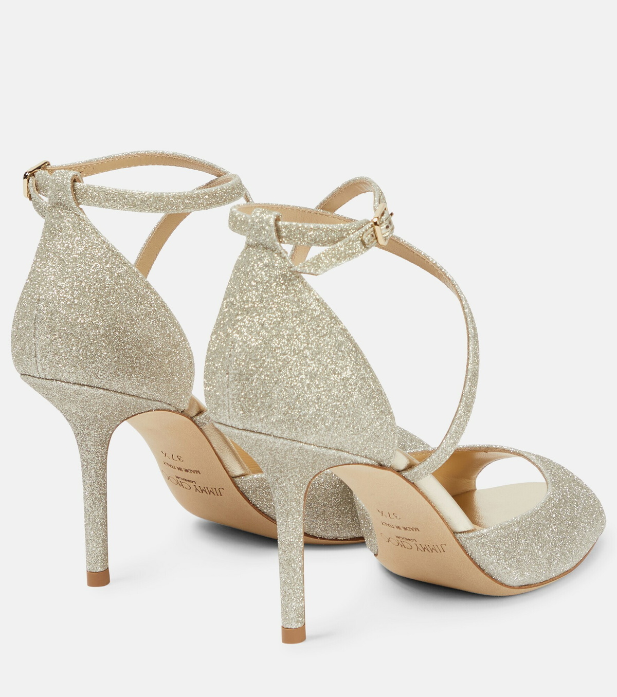 Jimmy Choo★EMSY 85 アンクルストラップ グリッター プラチナ Emsy 85 glitter sandals in silver - Jimmy Choo | Mytheresa
