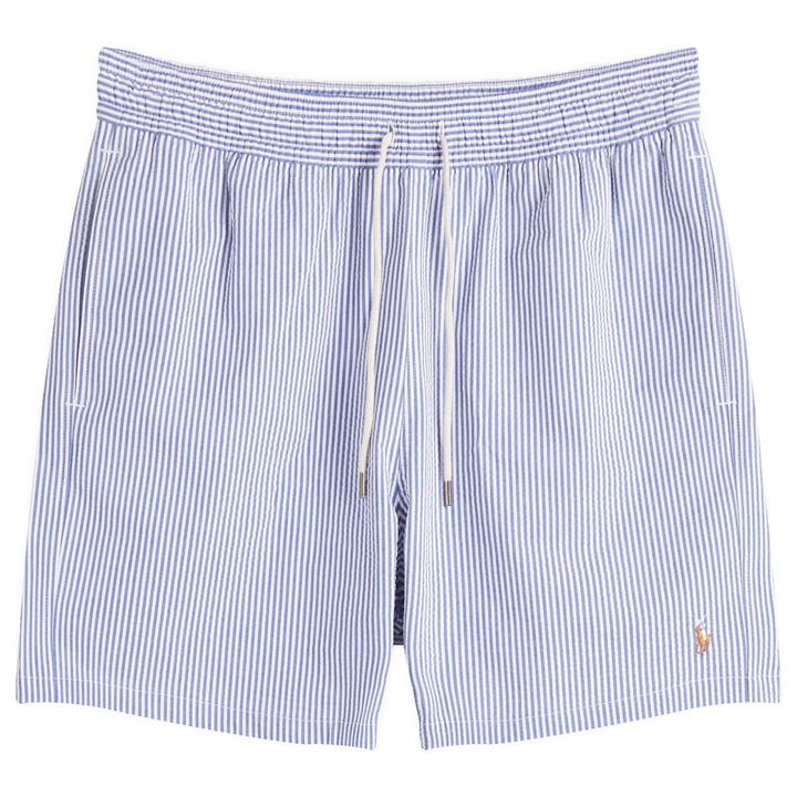 Photo: Polo Ralph Lauren Men's Seersucker Stripe Traveler Swim Shorts in Cruise Royal Seersucker