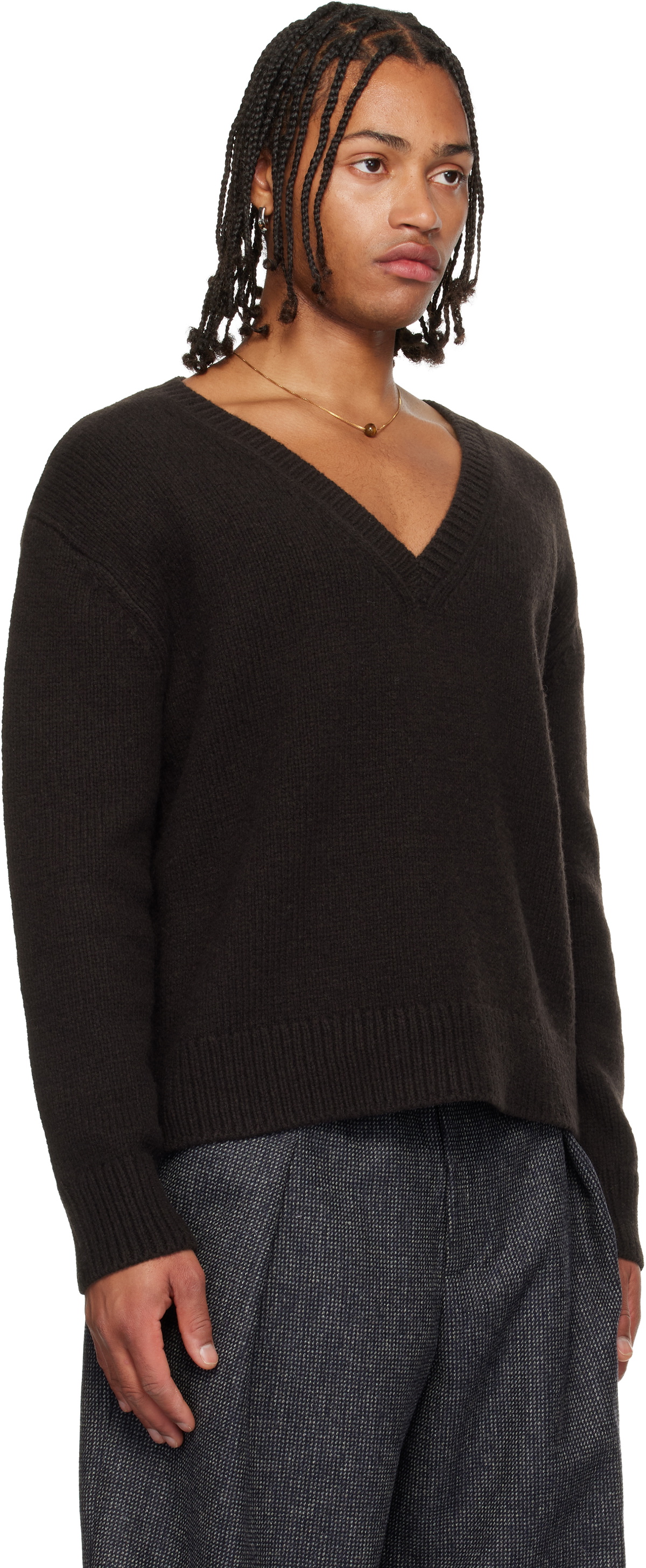 Dries Van Noten Brown V-Neck Merino Wool Sweater