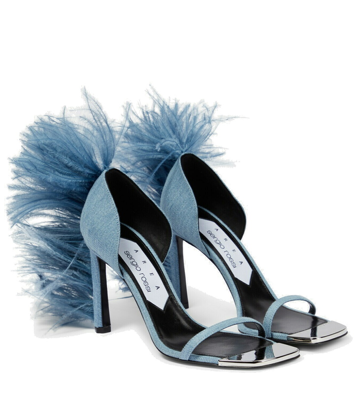 Photo: Area x Sergio Rossi Amazona feather-trimmed denim sandals