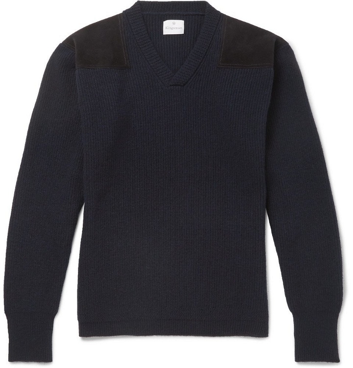 Photo: Kingsman - Merlin's Suede-Panelled Ribbed Wool Sweater - Navy