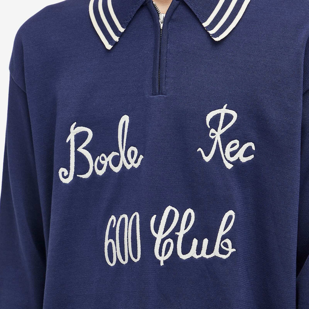 BODE Men's Club Long Sleeve Zip Polo in Navy Bode