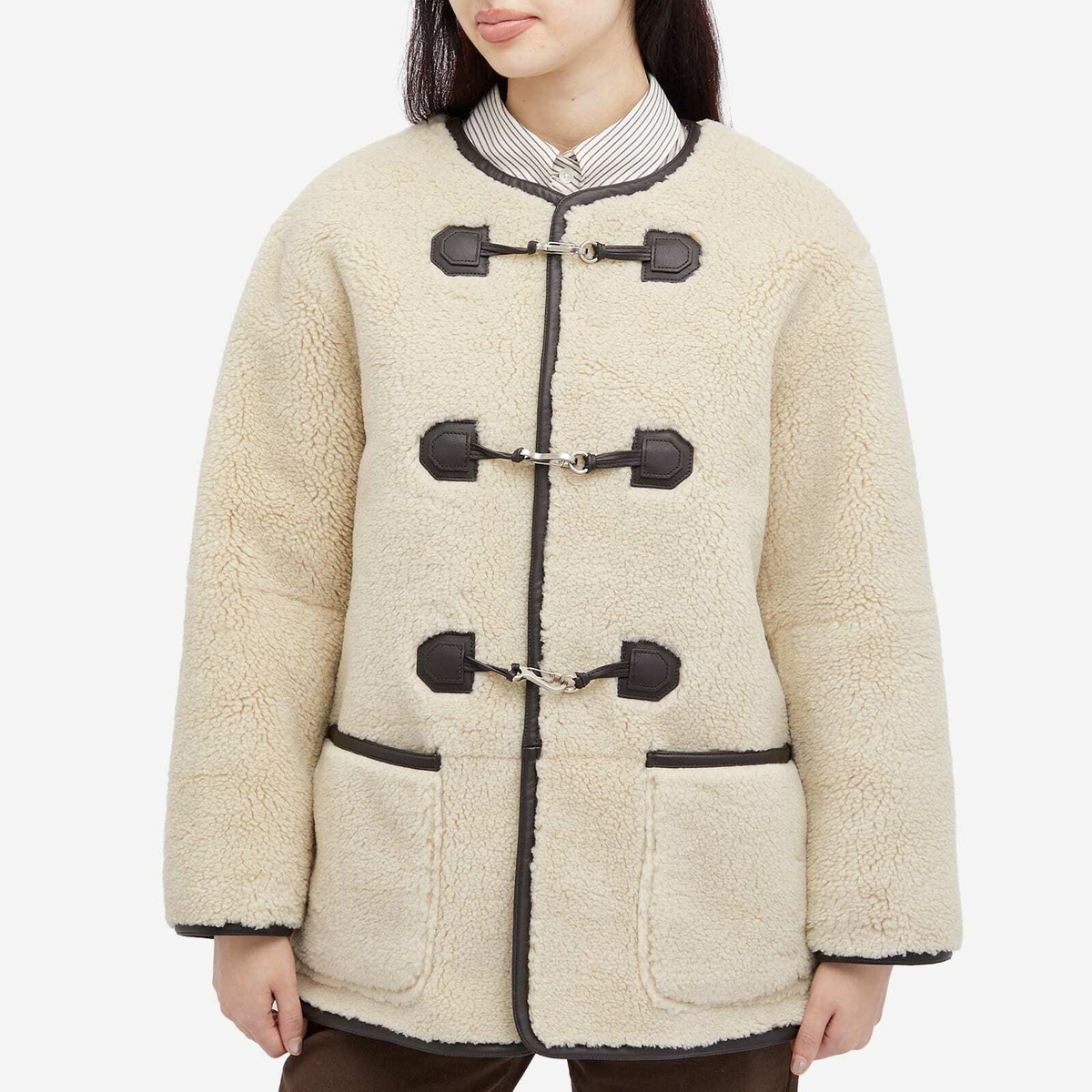 DUNST Women's Buckled Shearling Jacket in Cream/Brown