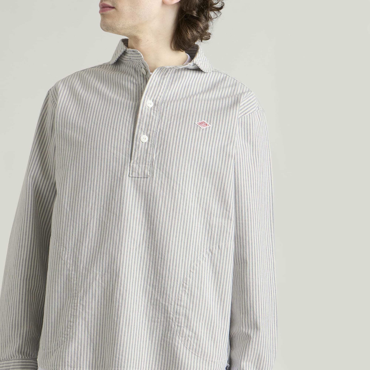 Danton Men's Round Collar Pop Over Shirt in Navy/Ecru Stripe