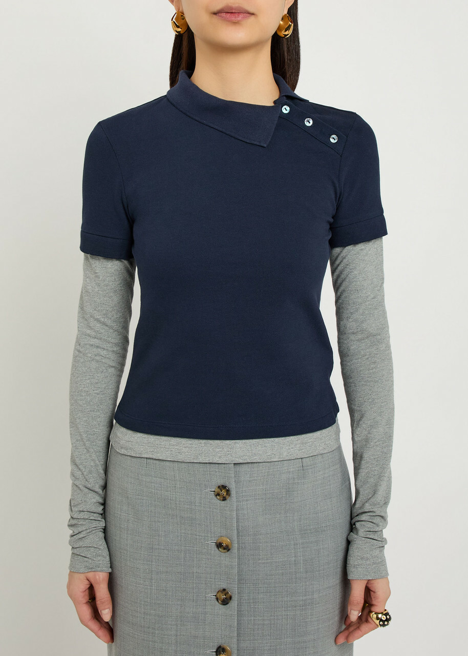 A.W.A.K.E Mode Asymmetric-collar Layered Piqué Cotton Polo Shirt Navy