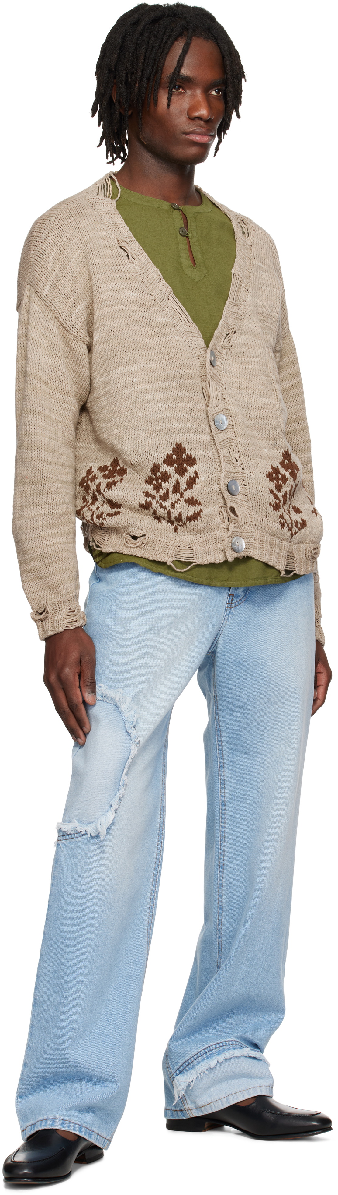 Kartik Research Beige Distressed Cardigan