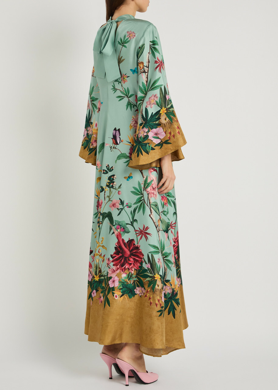 LA Double J Magnifico Printed Silk Maxi Dress Blue