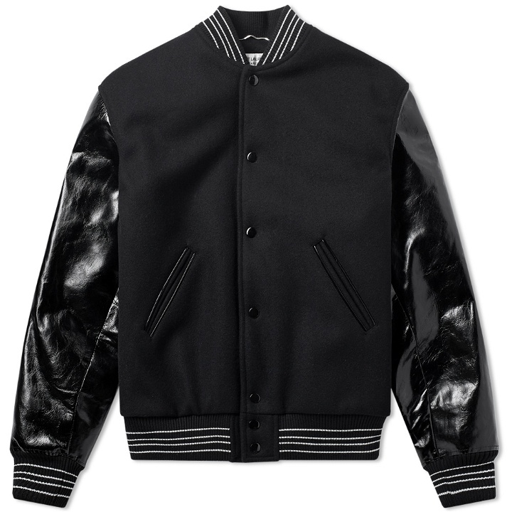 Photo: Saint Laurent Leather Sleeve Teddy Jacket