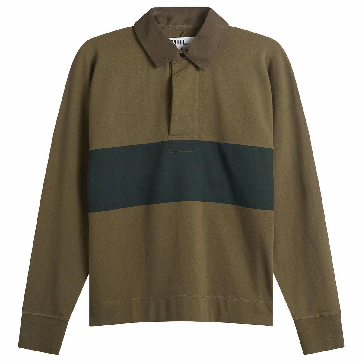 MHL by Margaret Howell Men's Rugby Shirt in Khaki Green/Black Green