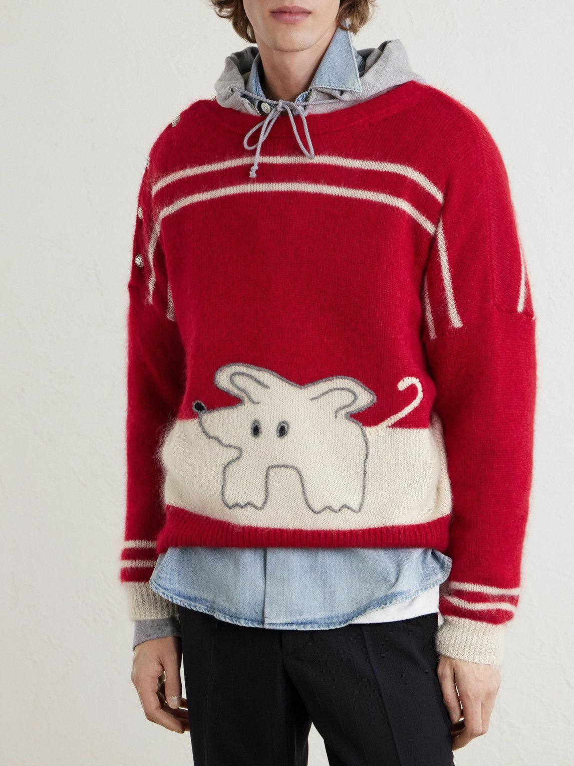 Enfants Riches Déprimés - Rat Embroidered Striped Mohair and Silk-Blend Sweater - Red